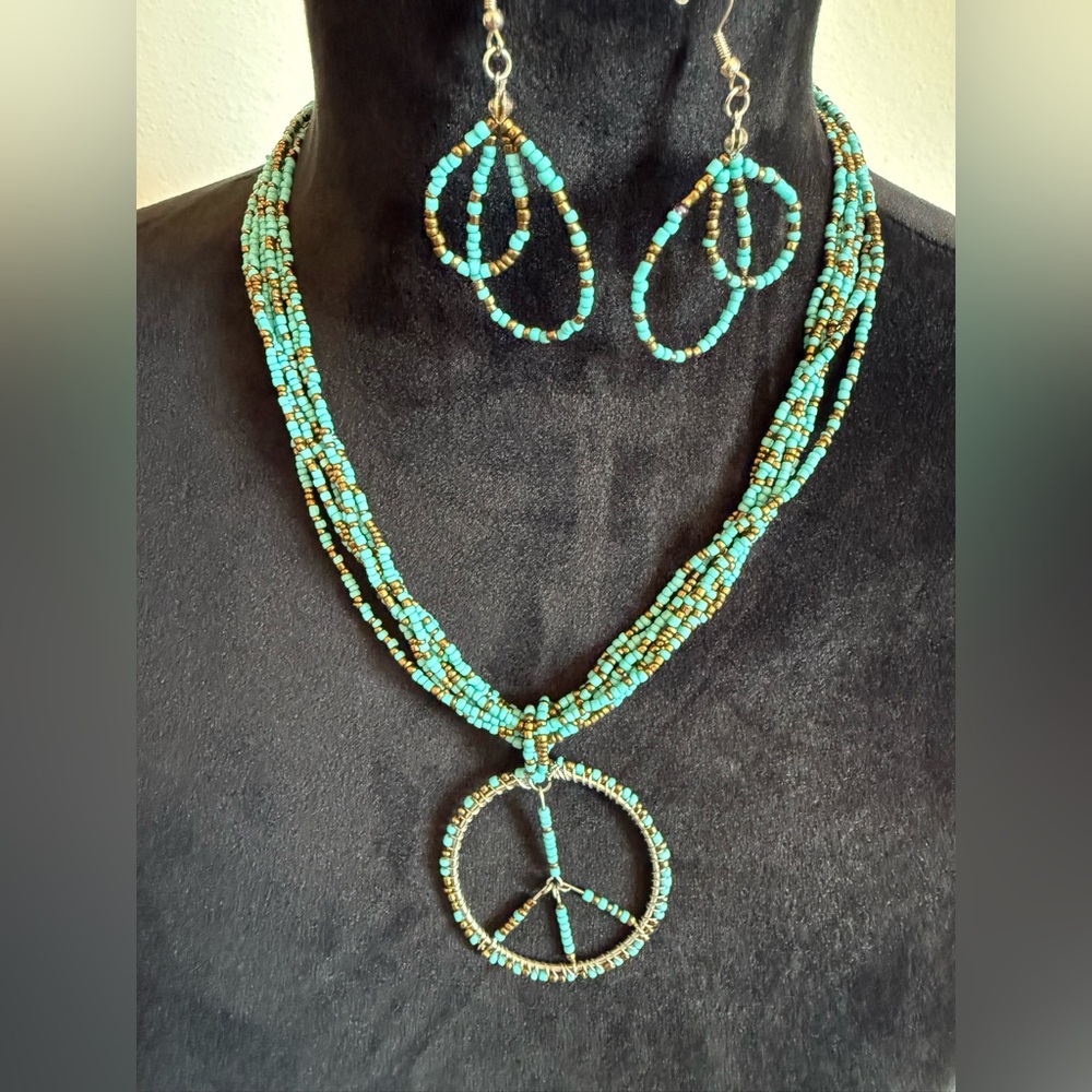 Turquoise and Copper Beaded Peace Necklace and Earring Set